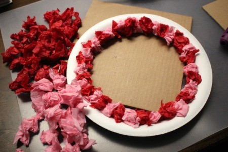 Valentine's Day Tissue Wreath - first row completed with more tissue and crepe paper crumples