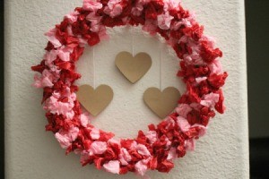 Valentine's Day Tissue Wreath - finished wreath with three hearts in middle