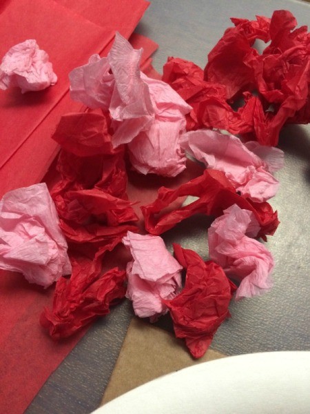 Valentine's Day Tissue Wreath - crumple tissue and streamers
