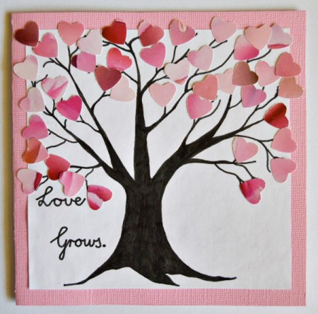 Love Grows Valentine Card - tree covered with pink and red heart leaves