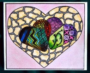 Two Hearts As One Valentine Day Card - finished card with heart coloring page glued on the front