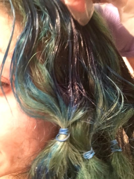 DIY Ombre Hair Colouring - saturate top of hair with the new color (blue)