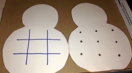 Paper Snowman Dry-Erase Tic-Tac-Toe & Dots and Boxes Boards - draw the tic tac toe grid on both sides of one snowman and then laminate both