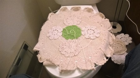 Toilet Lid Cover - sewing doilies together