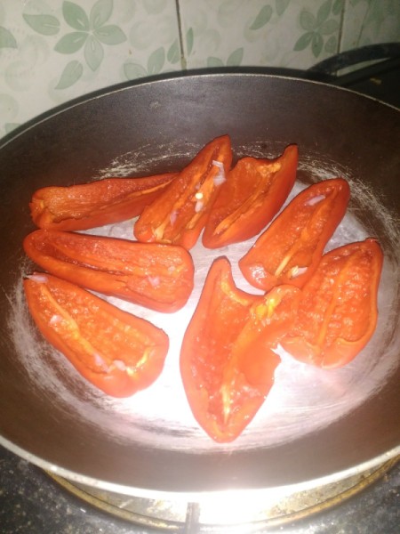 grilling Red Pepper halves in pan