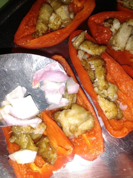 adding onions to Red Pepper Valentine Boats