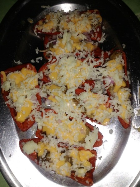 grated cheese on Red Pepper Valentine Boats