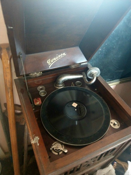 Value of a Denison Record Player - open console showing old record player in wooden cabinet