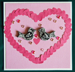 Turtle Dove of Love Valentine Card - finished card with rhinestones randomly glued to the card face around the doves, inside the heart