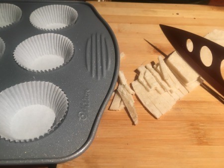 lining baking tins and cutting tortilla strips