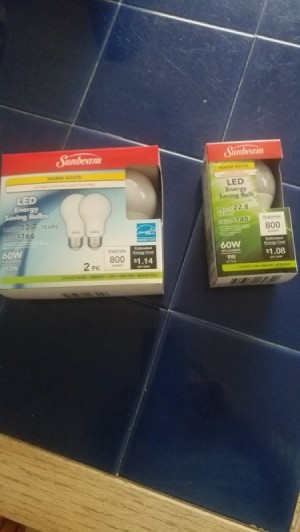 Two packages of LED lightbulbs from the Dollar Tree.