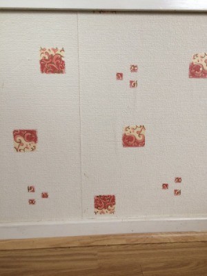 Finding Discontinued Wallpaper - white wallpaper with boxes containing dark pink and cream swirly designs