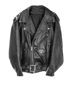 A black leather jacket with silver zipper and snaps.