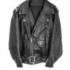 A black leather jacket with silver zipper and snaps.
