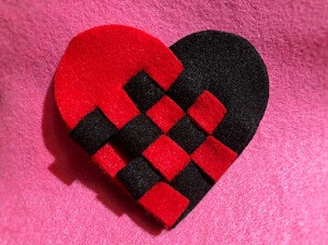 Woven Felt Heart - closeup of finished heart on dark pink background