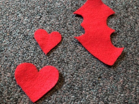 No-Sew Gradient Felt Heart Purse - two hearts from red felt, fold again for third smaller heart