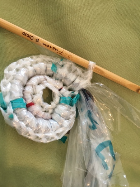Dry cleaner's bags being used to crochet