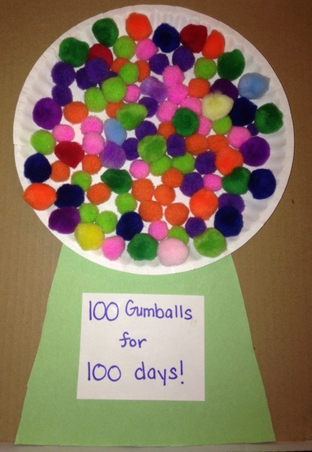 100th Day of School Paper Plate Gumball Machines  - spread glue on the plate with the cardboard/construction paper base and stick down one hundred pom poms