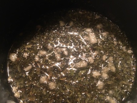 making Fried Mint Sauce in pan in bowl