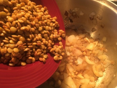 soaked lentils added to pan