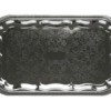 A silver colored metal tray for serving