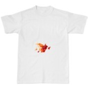 A red stain from hot sauce in the middle of a white t-shirt.