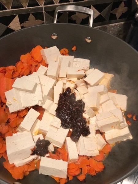 Tofu, Carrots and Black Bean Sauce in pan in pan