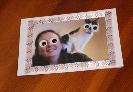 Crazy Wiggle Eye Greetings Card - stick photo and ribbon in place on card