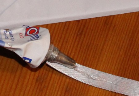 Crazy Wiggle Eye Greetings Card - add glue to photo and ribbon