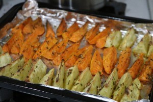 Roasted Sweet Potatoes on baking sheet