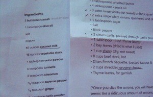 Printed recipes with unusual ingredients underlined.