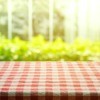 Red and white gingham tablecloth with greenery in the background.