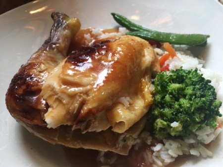 Spicy Orange Roasted Chickenmon plate with rice and veggies