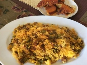 Beef and Green Bean Rice on plate (Loobia Polo)