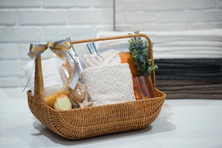 Gift basket full of spa items.