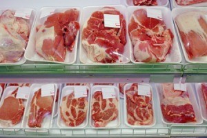 Various cuts of meat packaged in supermarket butcher counter