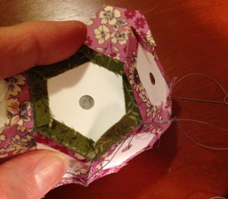 English Paper Pieced Hexagons - underside of partially finished block