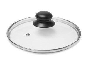 Glass pot lid on white background.