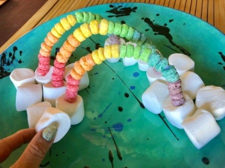 Edible Standing Rainbows - make several and place on a plate with more marshmallows