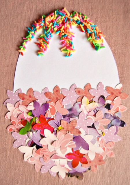 Easter Egg Collage Decoration - add glue to the top of the egg and pour sugar strands on the glue and press down lightly, shake off excess