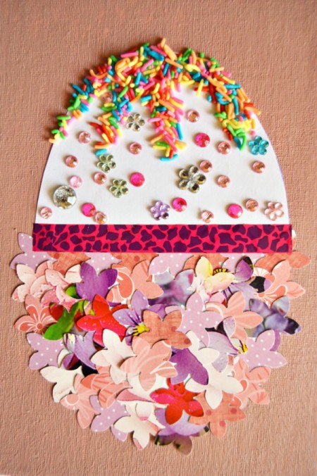 Easter Egg Collage Decoration - randomly glue rhinestone stickers and flowers to the top of the egg