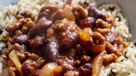 Close-up of Pork and Beans Goulash
