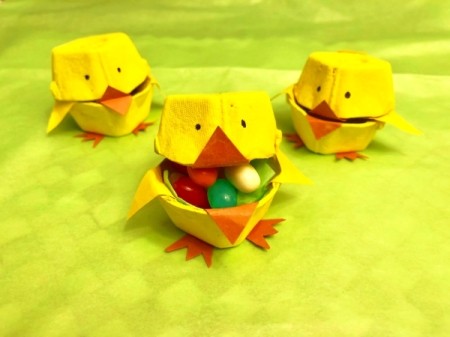 Egg Carton Easter Chick Containers - three chicks one with candy inside