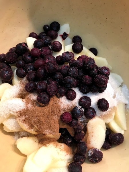 apple, blueberries, sugar and cinnamon in bowl