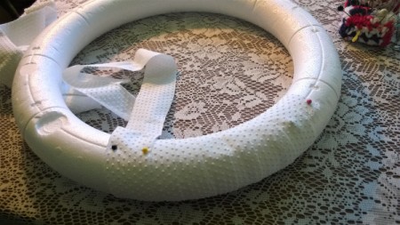 Yarn Chain St. Patty's Wreath - cut strips of fabric and begin wrapping around the foam wreath form