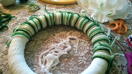 Yarn Chain St. Patty's Wreath - wrap chains around the form and tie off