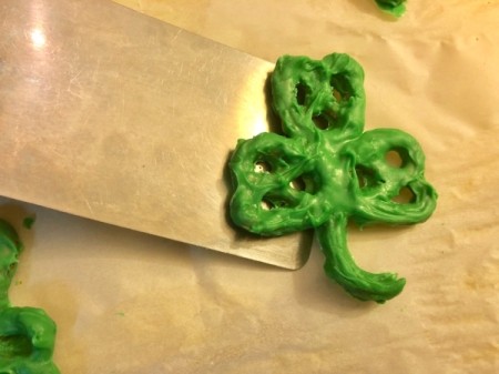 lifting dried Shamrock Pretzel