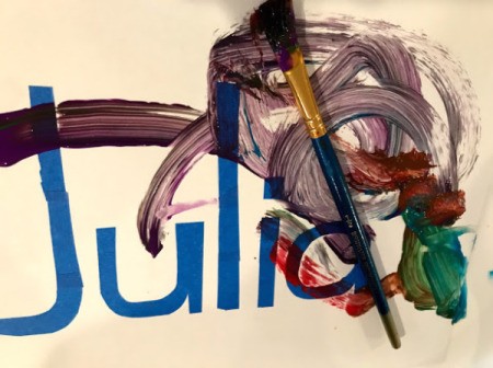 Kid's Name Painter's Tape Art Project - begin painting all over