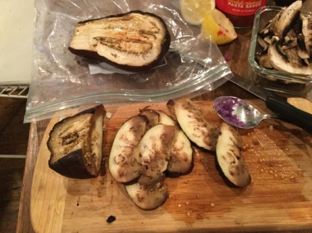 cut eggplant on board