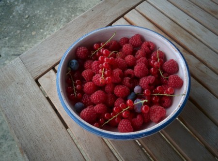 A bowl of raspberries, blueberries and currants.